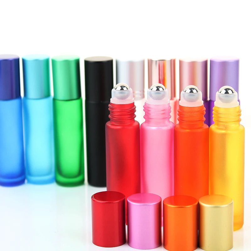 10/24/50pcs Frosted Colorful Thick Glass Roller on Bottle 10ml for Essential Oil Perfume Bottles Refillable Rollerball Vial