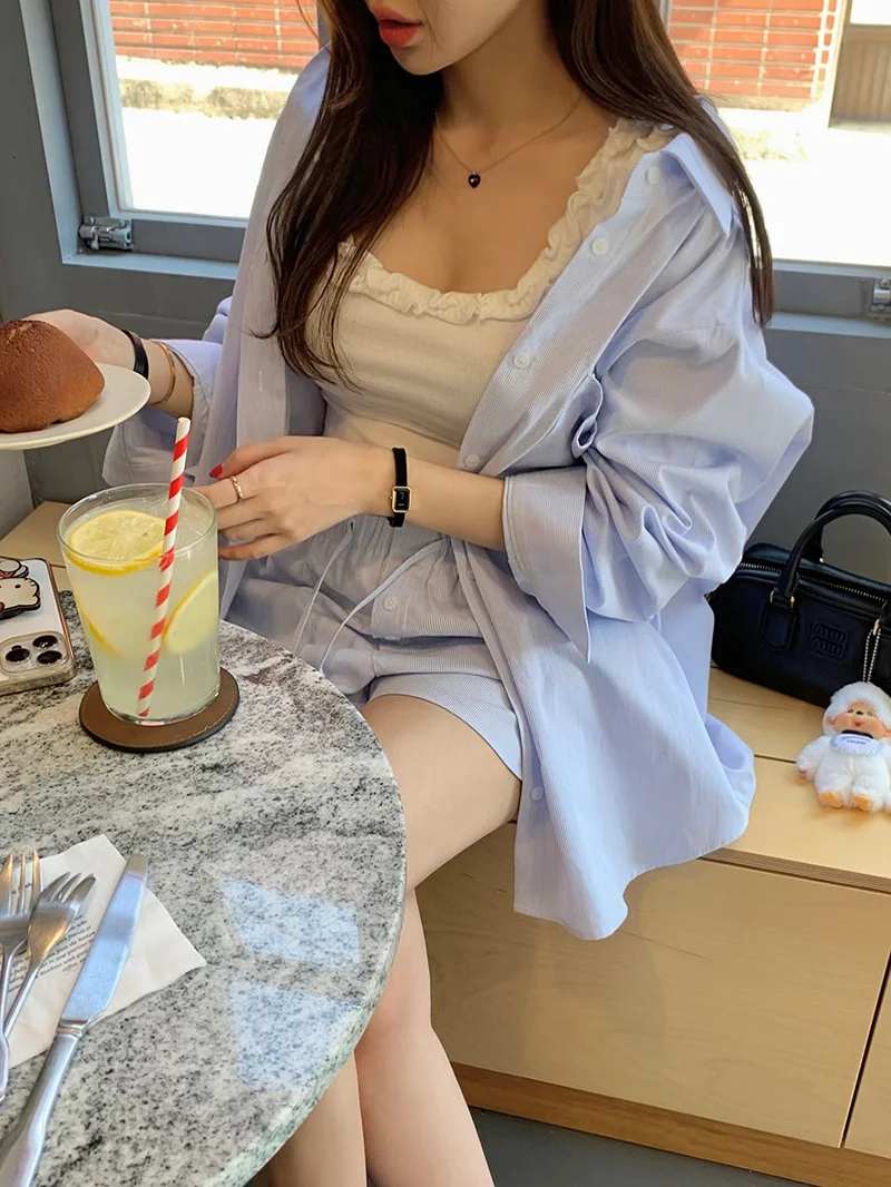 Gestreiftes Irt-Oberteil für Damen mit Kordelzug, lockeres Patchwork-Set mit weitem Bein und Hose aus Baumwolle, Sommerfaion