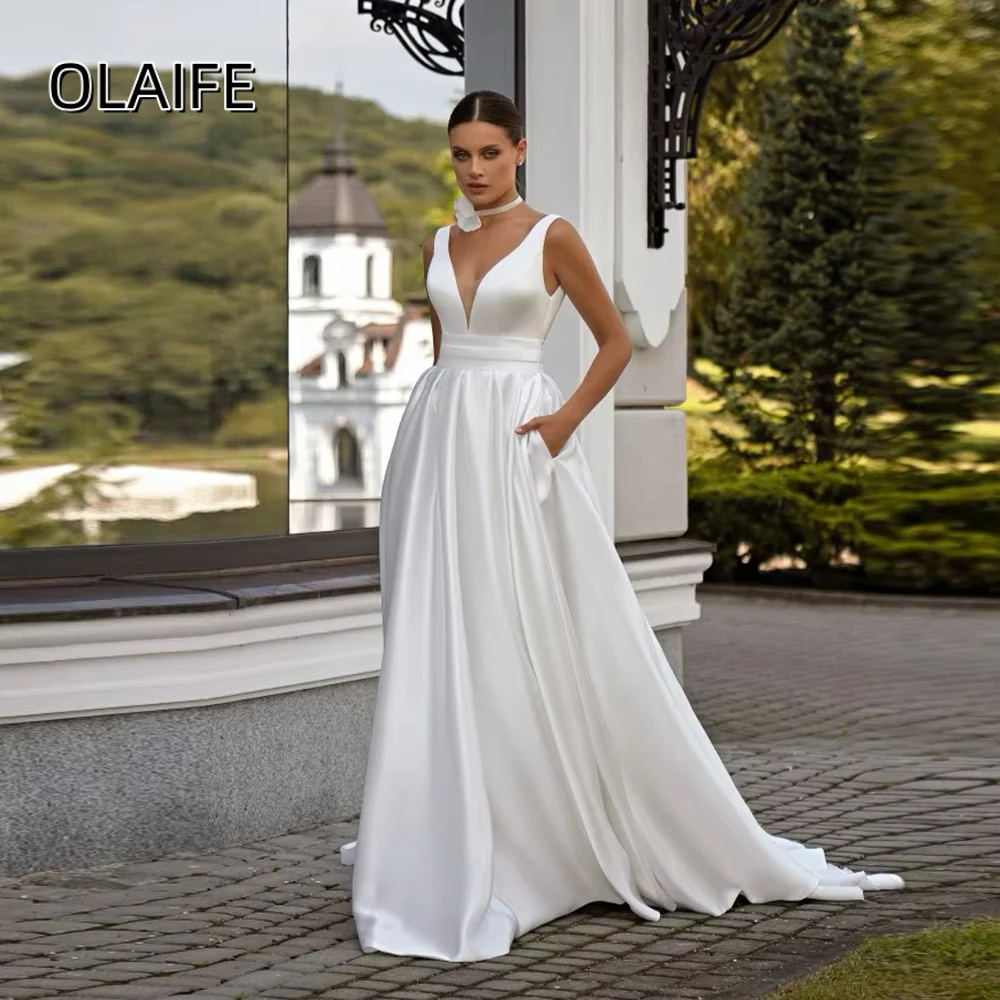 Olaife V-neck Satin Bridal Wedding Dress A-line Wedding Gown Sleeveless with Pockets Sweep Train vestidos de novia