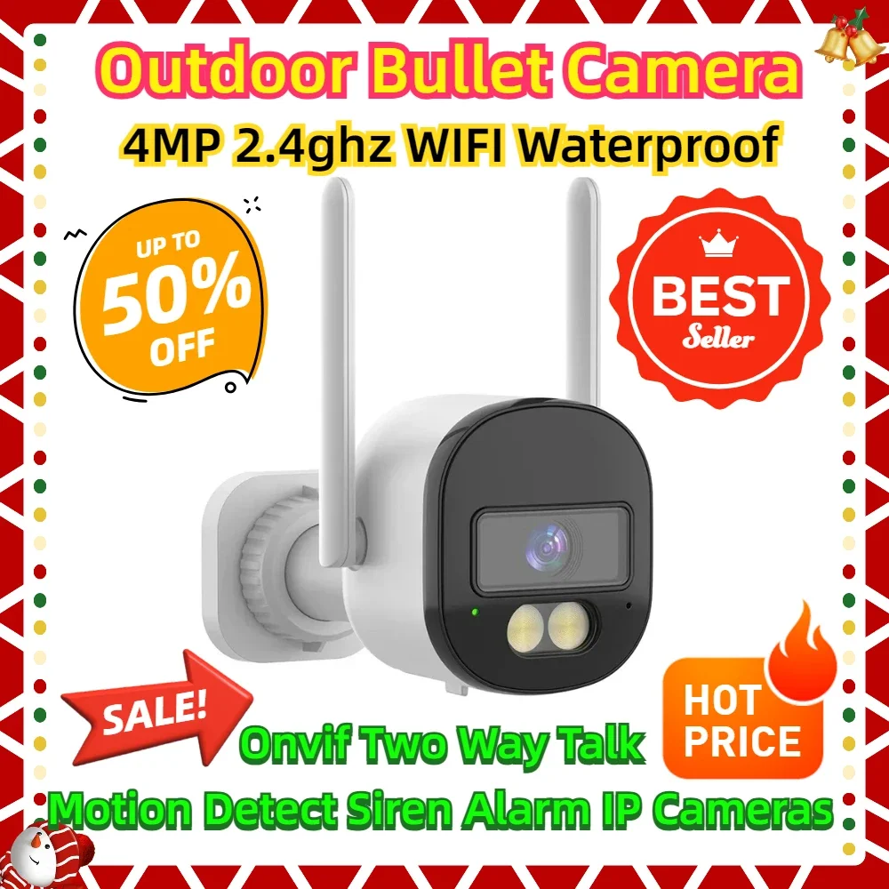 

4MP 2.4ghz WIFI Waterproof Onvif Two Way Talk Motion Detect Siren Alarm IP Cameras Tuya Outdoor Bullet Camera