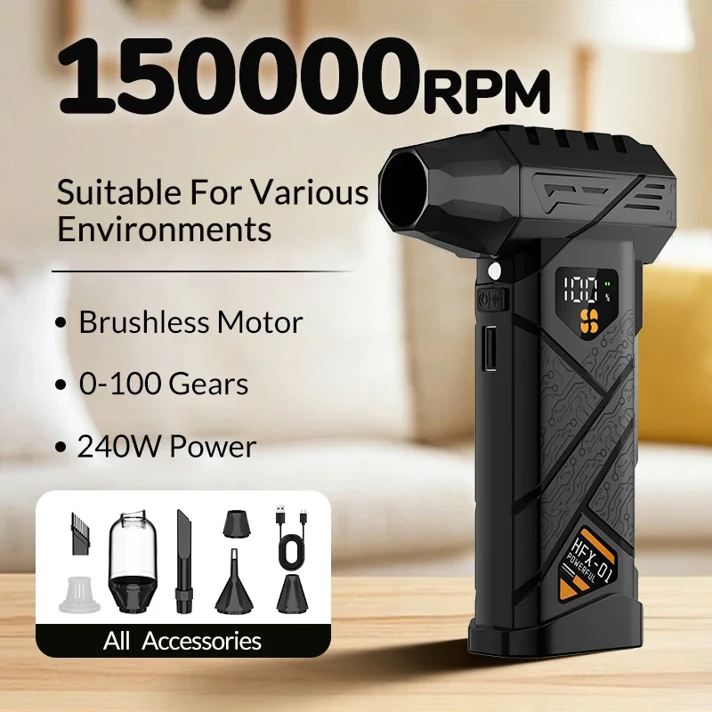 

Cordless Turbo Air Blower 150000RPM Compressed Air Duster Powerful Jet Fan Vacuum Cleaner with LED Lighting for Car Home Outdoor