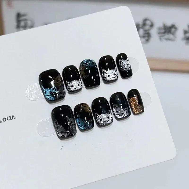 

10Pcs /Set Full Cover False Nails Press on Nails Fake Nails Diy Pure Handmade Removable Cute Cat Colorful Cat Eyes