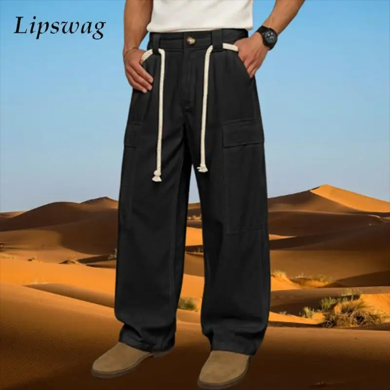 

Trendy Loose Straight Cargo Pants Spring Autumn Vintage Multi Pockets Solid Color Men's Trousers Streetwear Fashion Pants