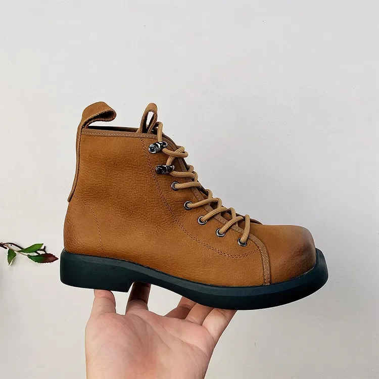 Careaymade-Handmade 100% Genuine leather short boots New Cowhide  Solid Front Lace up Low rise Women's Casual Boots