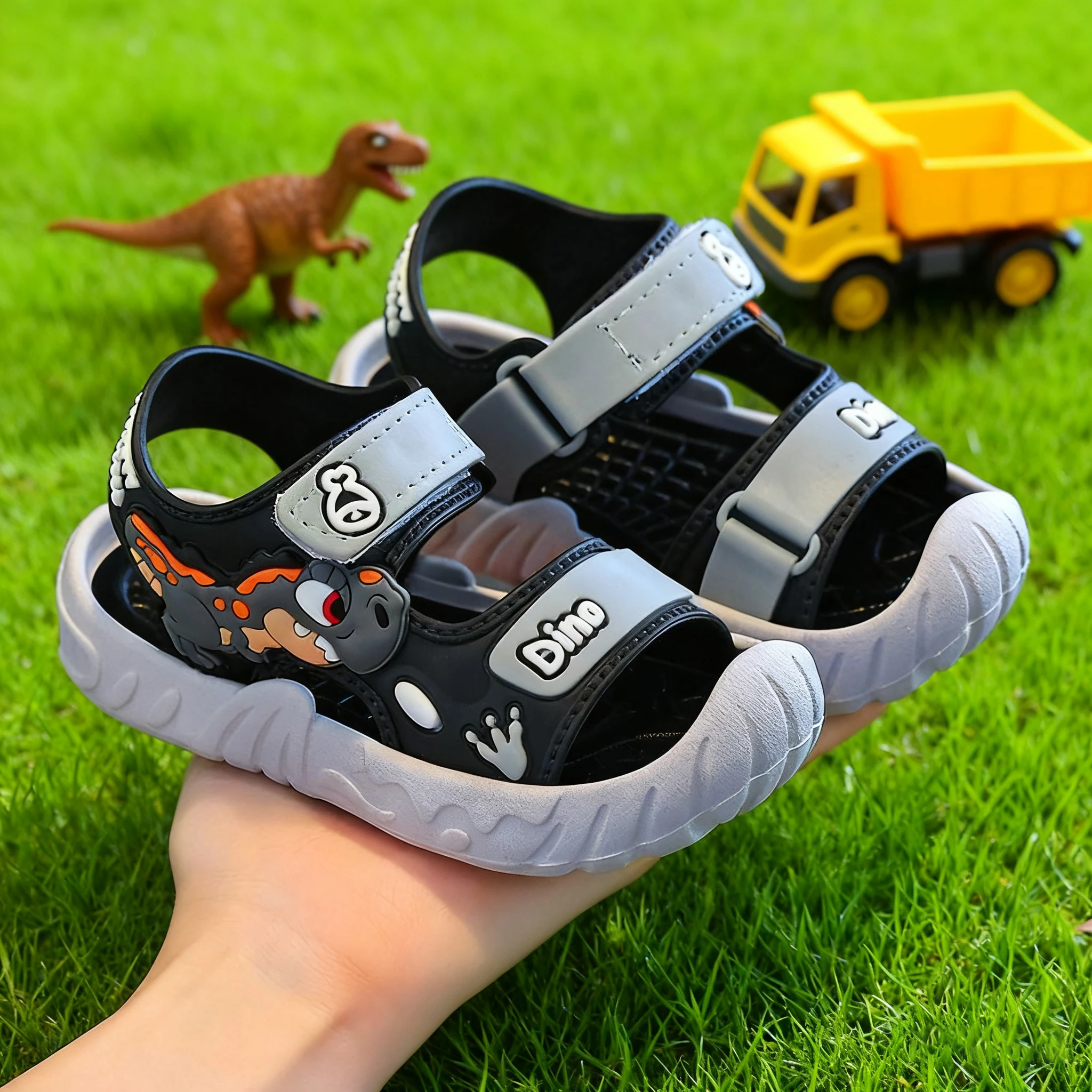 3D-Dinosaurier-Sportsandalen für Kleinkinder, geschlossener Zehenbereich, kollisionssicher, verstellbarer Riemen, rutschfeste Sommerschuhe mit weicher Sohle für den Außenbereich – Detail 7
