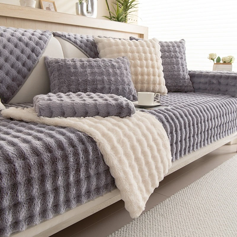 Verdickter Plüschstreifen-Imitat-Kaninchenfell-rutschfester Sofabezug, für Winter, Wohnzimmer, Couch, Sitzdekoration, Schonbezug, Sofa-Handtuch