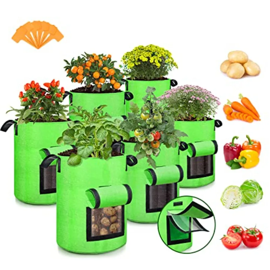 

10 Gallon Potato Grow Bags, 6 Pack, Two-Sided Transparent Flap, Breathable Non-Woven Fabric, Large Capacity, Durable Handle, Id