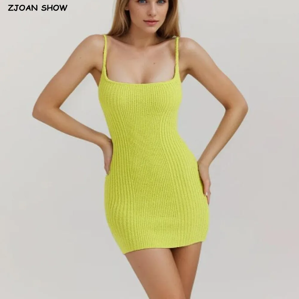 2024 Sexy Fluorescent Green O neck Rib Knitted Sling Dress Mini Women Sweater Robe Skinny Package Hips Vestidos