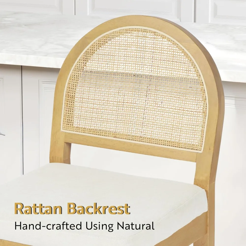 مجموعة مقاعد بار الروطان المنجدة مكونة من 2، مقاعد خشبية بارتفاع منضدة مع ظهر منسوج من الروطان الطبيعي ومقعد شانيل، منتصف المئزر #5