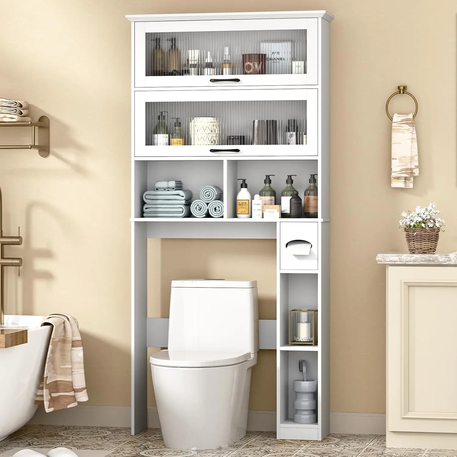 

Over The Toilet Storage Cabinet, Farmhouse Bathroom Storage Cabinet Toilet Paper Holder with Transparent Doors, Rustic Toilet