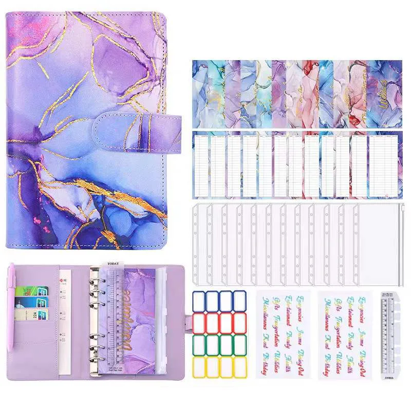 A6 PU Budget Binder with 12 Pcs Zipper Cash Envelopes, 12 Pcs Budget Sheets,Label Stickers,Money Organizer for Saving Budgeting