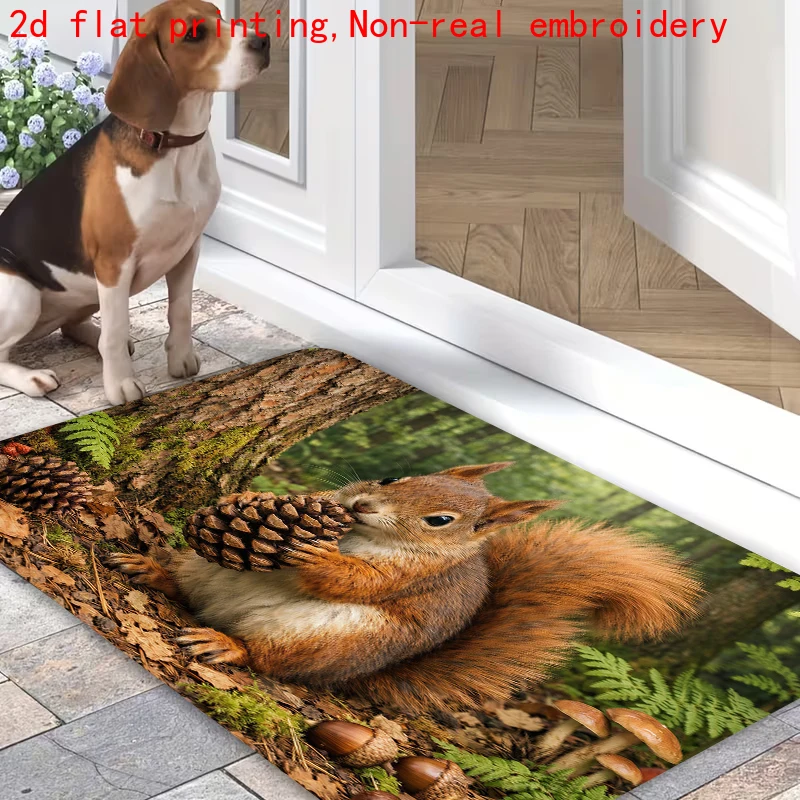 1pc,2D Flat Red Squirrel Pinecone Forest Nature Realistic Flannel Door Mat Non Slip Autumn Wildlife Rug For Entryway Patio Decor