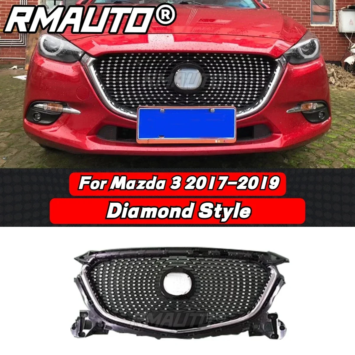 RMAUTO Car Front Grille Racing Grill Honeycomb Diamond Style Mesh Grid Body Kit For Mazda 3 Axela 2014-2022 Modification Part