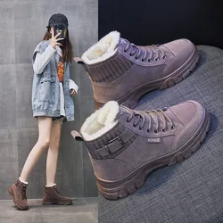 Bawełniane buty damskie 2024 Winter New Snow Boots Round Toe Thick Sole Plush Warm Women's Shoes Lace Up Belt Buckle Fashion Boots