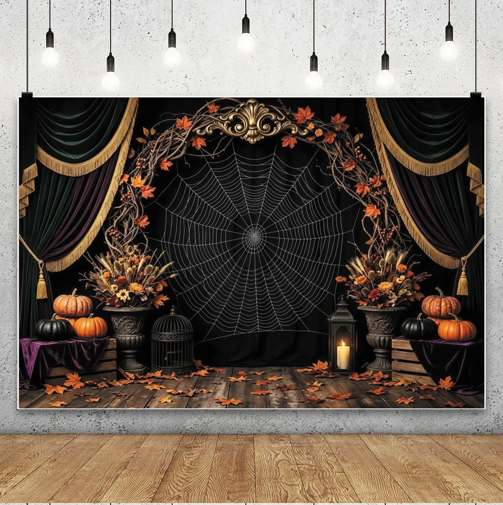 Halloween Spider Web Photography Background Vintage Arch Autumn Leaves Pumpkin Kids Birthday Portrait Decor Background Photo Stu