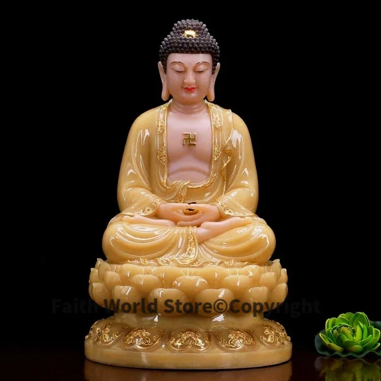 40CM Large HOME exorcise evil spirits Efficacious protection worship yellow jade High grade Shakyamuni Safety buddha statue