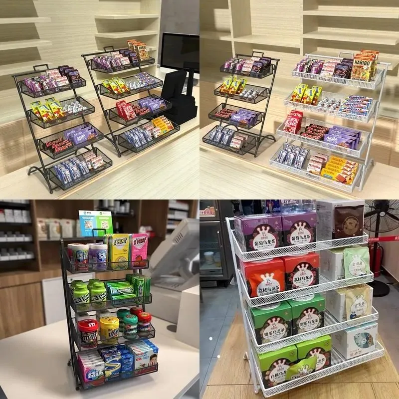 4 Layer Foldable Countertop Display Rack Silk Mesh Shelf for Convenience Store Snack Product Organization