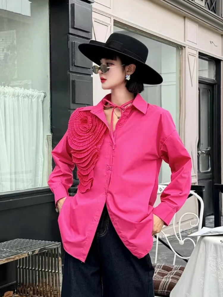 

Vintage 3d Flower Mid-length Shirts Women 2025 Autumn New Lapel Neck Blouses Y2k Long Sleeve Fairycore Blusas Mujer