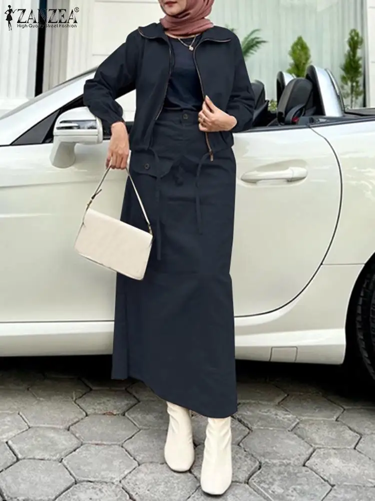 Zanzea Vrouwen Lente Jassen & Lange Rok Elegante Jurk Sets 2 Stuks Lange Mouw Jassen Rokken Pakken Mode Losse Bijpassende Sets 2024