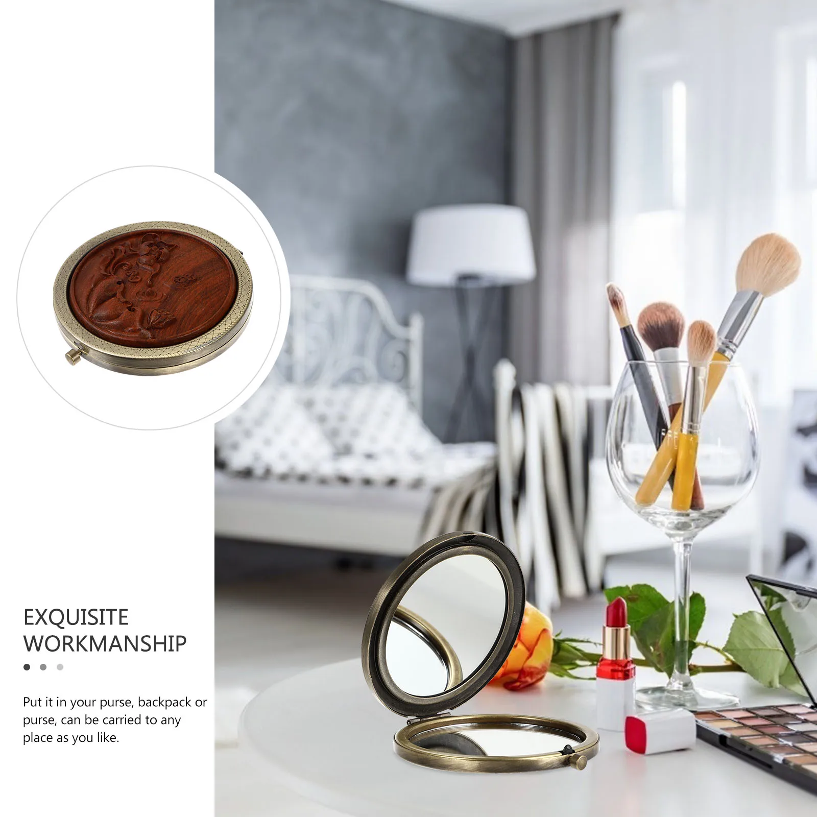 

Portable Makeup Mirror for Folding Mirrors Pocket Compact Wood Hand Small Travel