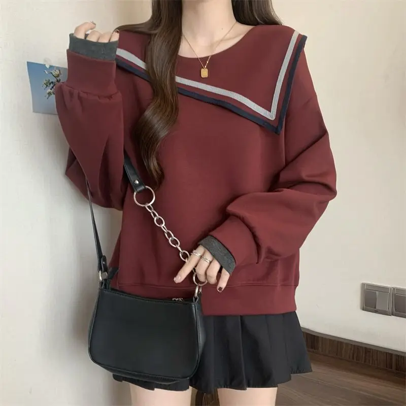 

Extra Large Size Navy Collar Sweatshirt for Women in Autumn Winter Hot Style Slimming Right Shoulder Top Stylish Small Shirt