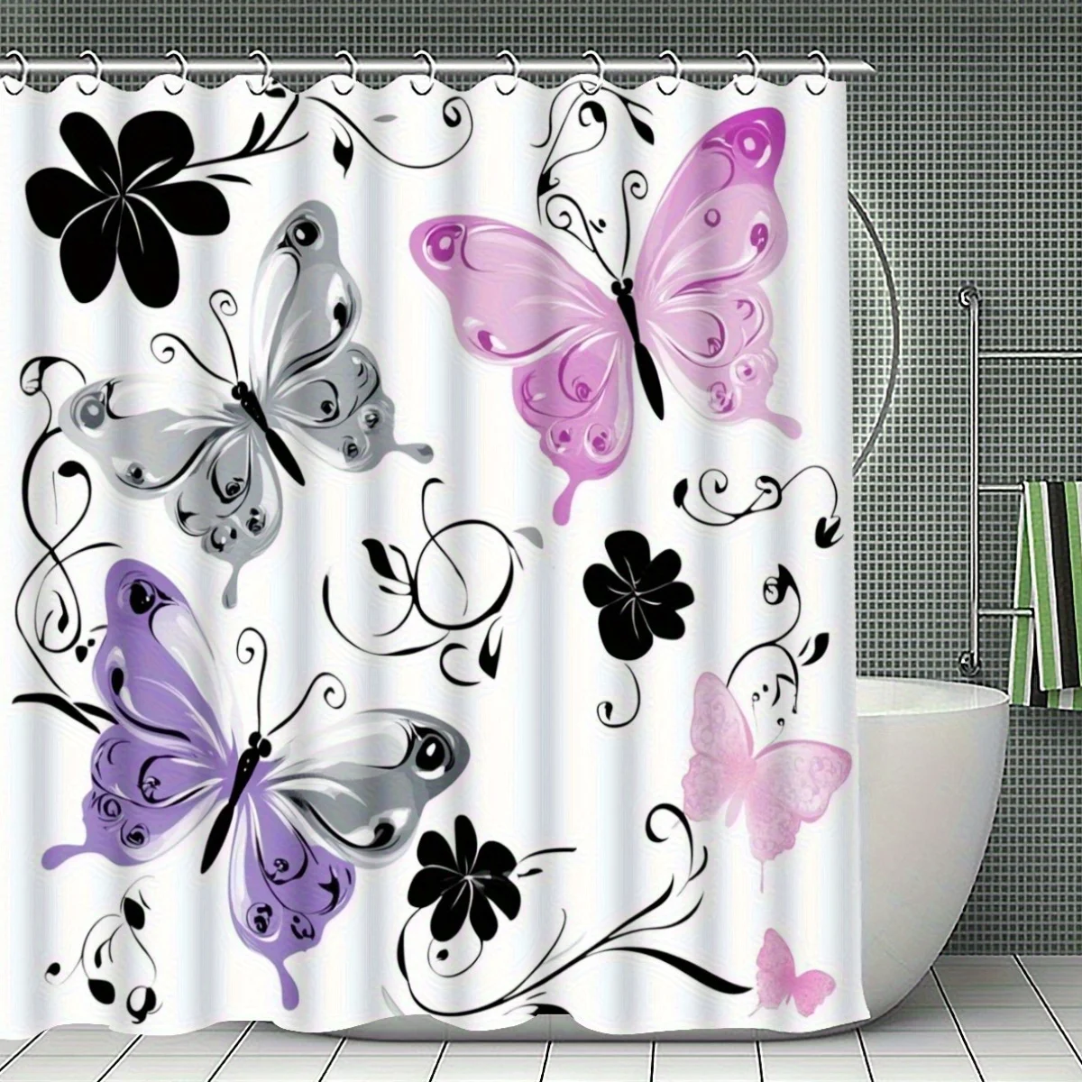 4pc Purple and pink butterfly bathroom set - shower curtain + rug + toilet seat cover, U-shaped mat, romantic insect pattern
