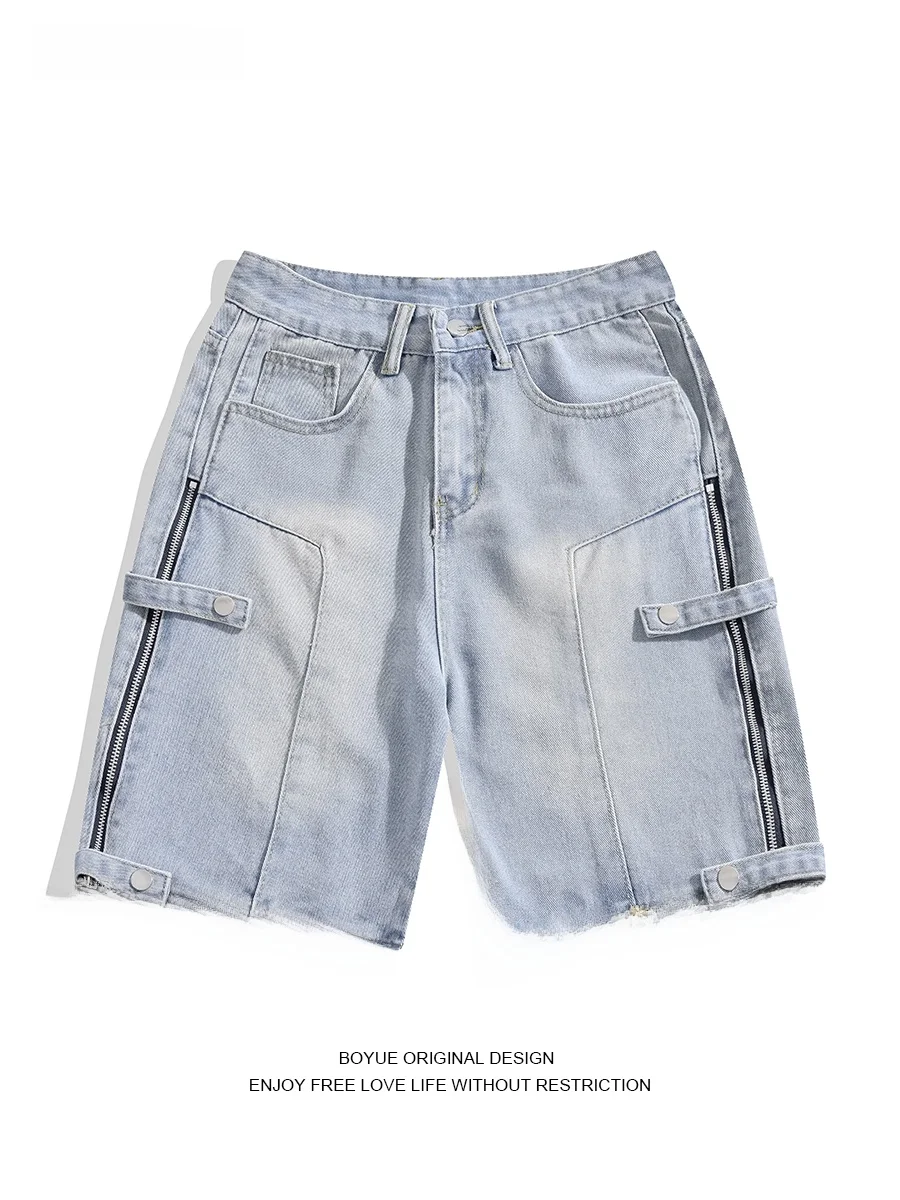 

Boyue American High Street Waed Denim ort Pants Men's Summer Faion Wide Leg Five-Point Jeans Casual Loose Straight Cut