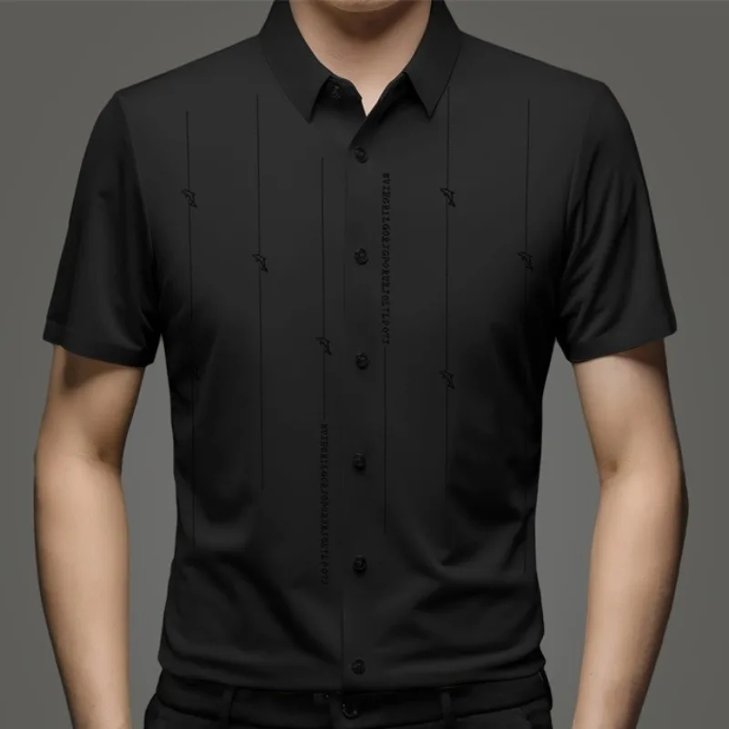 Summer New Shirts for Men Short Sleeve Turn-down Collar Traceless Printing Fashion Blouse Button Striped Casual Loose Slim Tops