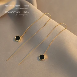 2025 High Sense Simple Black Square Pendant Long Earline Korean Fashion Jewelry Girl's Temperament Earring Accessories For Woman