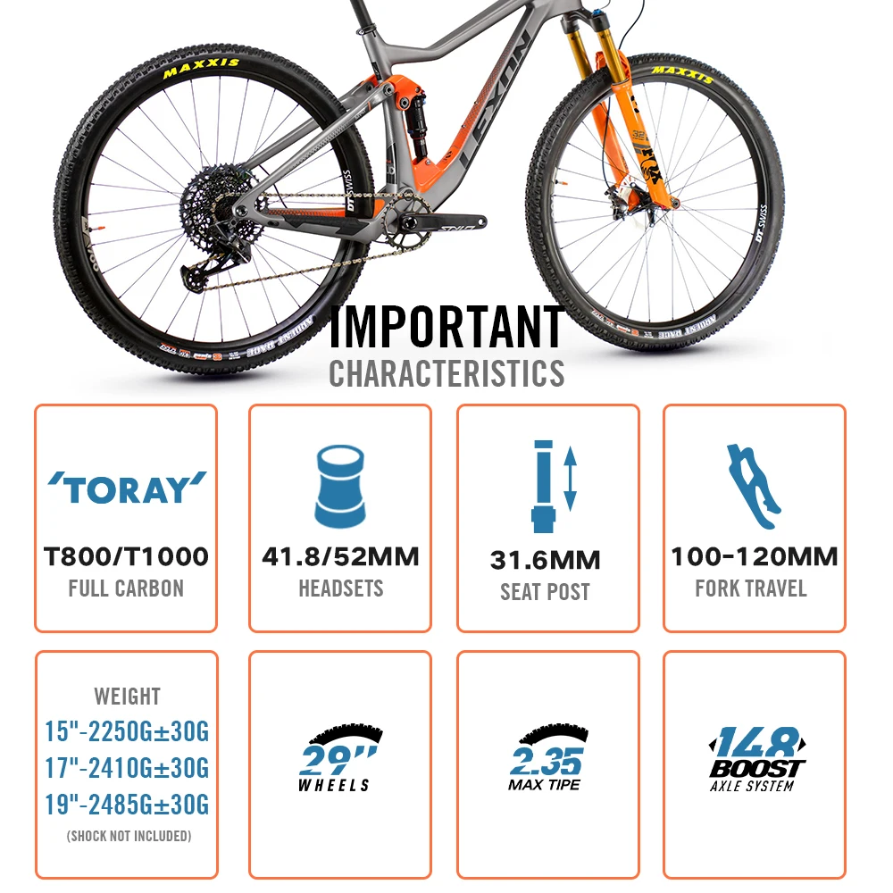 2024 LEXON Bicycle Frame XC TRIAL Cross country  Carbon Mountain Bike Full Suspension 29er Boost frameset ROCKSHOX DNM Parts