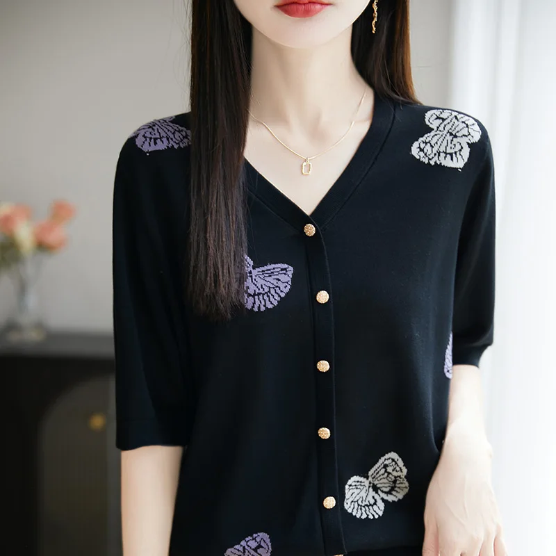 

Lyocell Tencel Summer Butterfly Knitted Jacquard New Loose and Slimming Style Short Sleeve Bottom Shirt