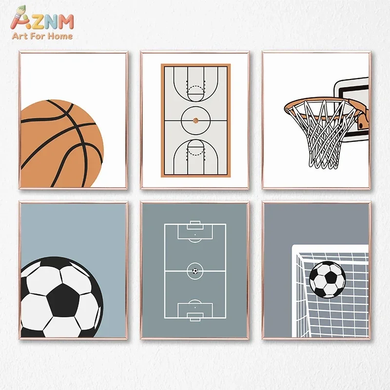 AZNM Minimalist Basketball Football Canvas Wall Art Sports Court Line Drawing Poster Boys Bedroom Playroom Unframed Painting