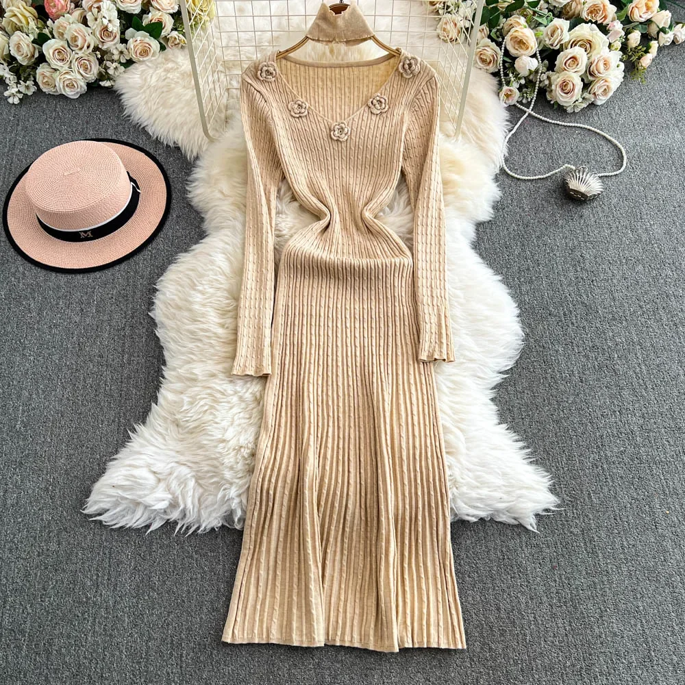 Elegant V-neck Vintage Long Sleeves Chic 3D Flower Slim Knitted Dresses French Evening Women High Street Autumn Winter Clothing