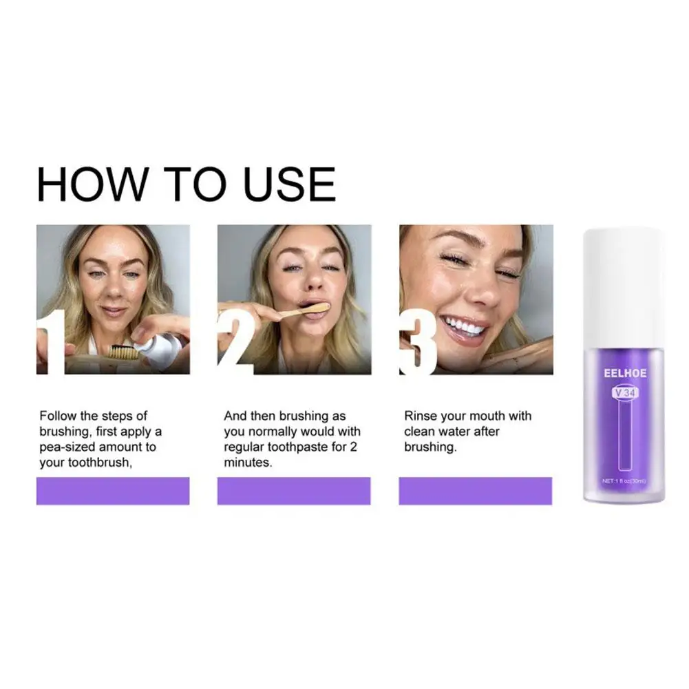 معجون أسنان أرجواني مبيض ، إزالة لون بقع الأسنان ، مصحح تفتيح الفم ، العناية بخلاصة الأسنان ، V34 ، H3P9