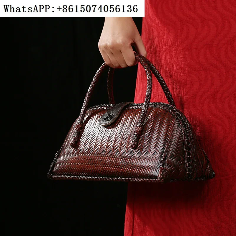 New handmade bamboo woven women's hand-held bamboo woven bag, Chinese retro shoulder bag