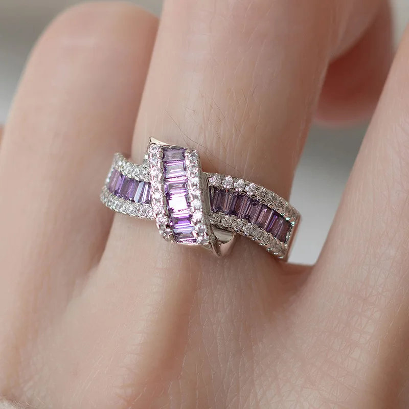 Charm Purple Zircon Bowknot Rings For Women Silver Color White Orange Red Stone Crossed Wedding Bands Bridal Engagement Jewelry