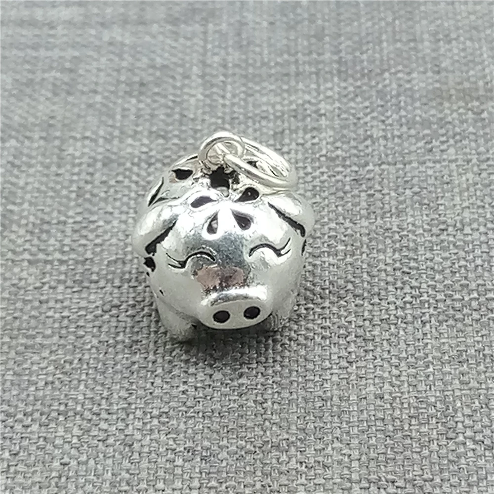 1 Piece Hollow 3D Pig Charm in 925 Sterling Silver with Flower and Coin Design for Bracelet and Necklace Making