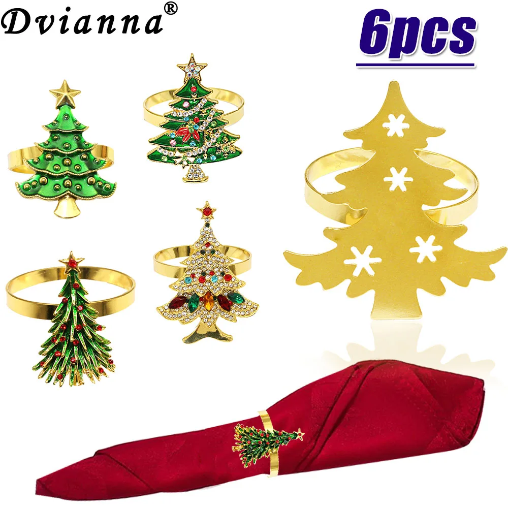 6Pcs Christmas Tree Napkin Rings Metal Rhinestone Xmas Napkin Holder for Christmas Wedding Party Family Gathering Table Decor