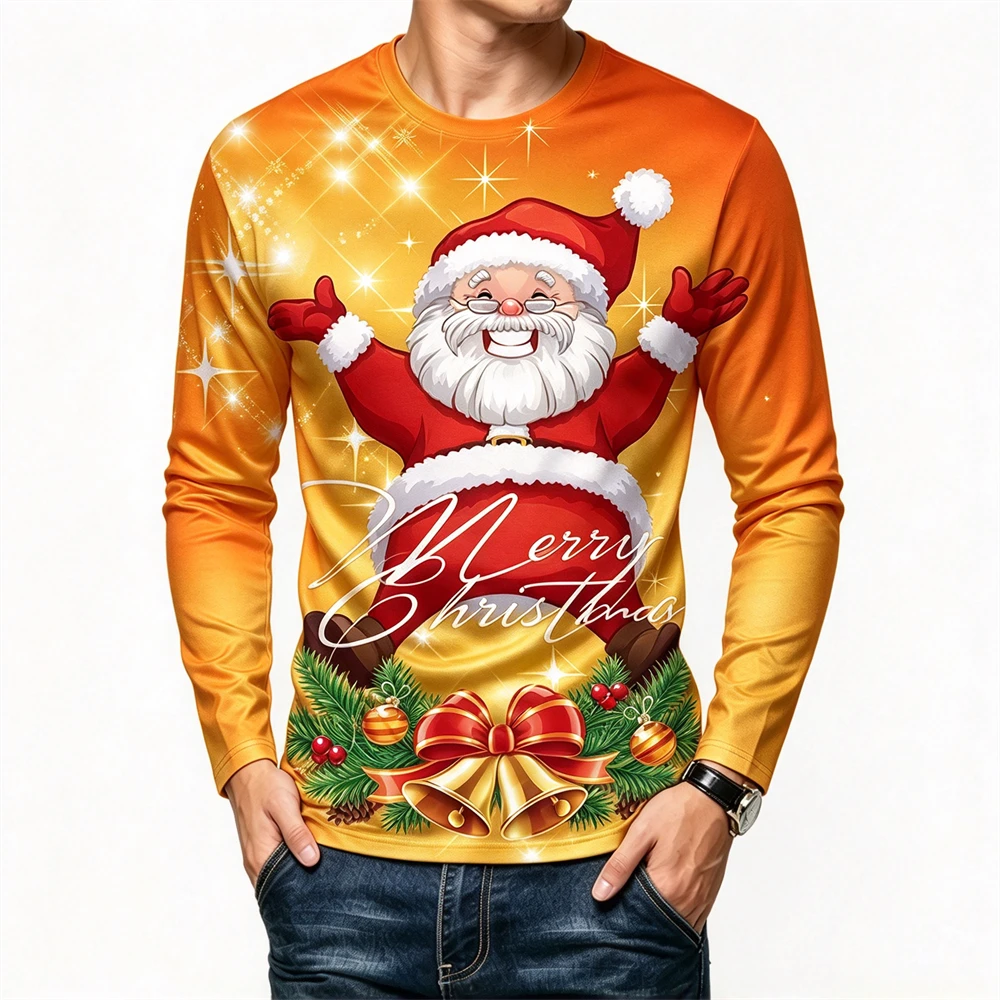 Santa Claus 3D Print Men's Long Sleeve T-shirt Casual O-neck Loose Pullover Fashion New Year's Party Tops Christmas Tee Clothing