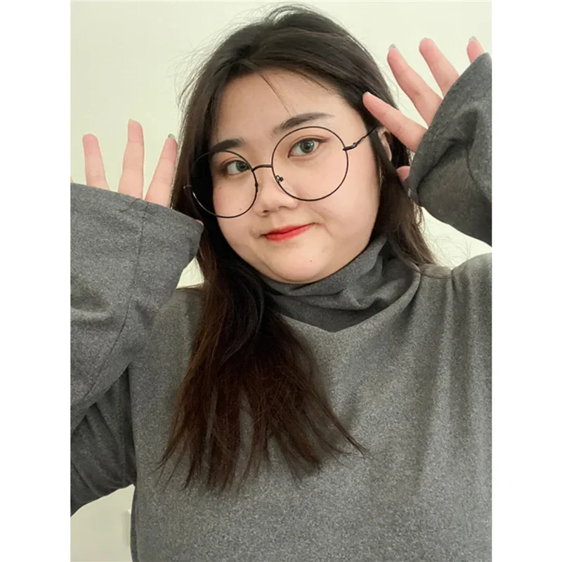 Plus Size Thickened Velvet Long Sleeve Women's Base Shirt Autumn Winter Half High Collar Warm Slimming Inner Wear T-shirt