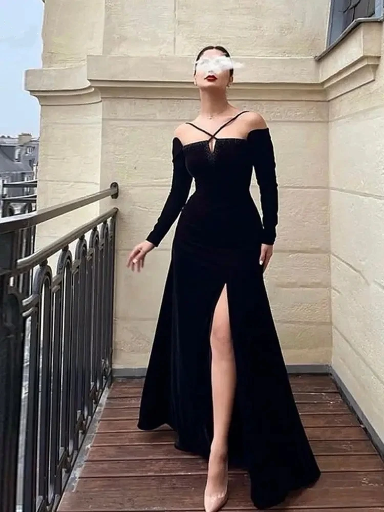 

Romantic Black Satin Evening Dresses Mermaid High Slit Glitter Abendkleider Long Sleeves Dubai 2024 Formal Occasion Dresses