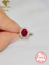 Lab Created Ruby Real Echt 925 Sterling Silver Party Ring For Women Gemstone Halo Diana Princess Oval Shape Female Lover Gift