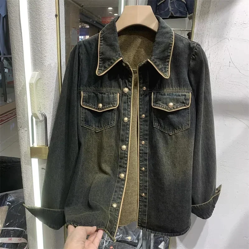 

Autumn Winter Female Loose Denim Blouse Coat Women Cowboy Shirt Tops European Ladies Bubble Sleeve Jeans Jacket
