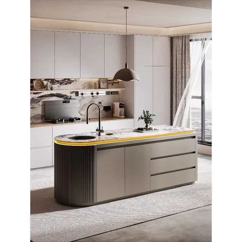 イタリア製無垢材円弧型キッチン岩板アイランドダイニングテーブル一体型キャビネット家庭用小型アパート仕切りバー