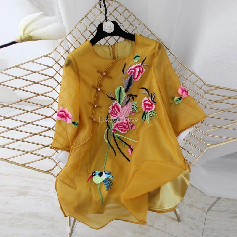 

2024 chinese improved women round collar half sleeve cheongsam top summer spring new organza embroidery daily qipao blouse w864