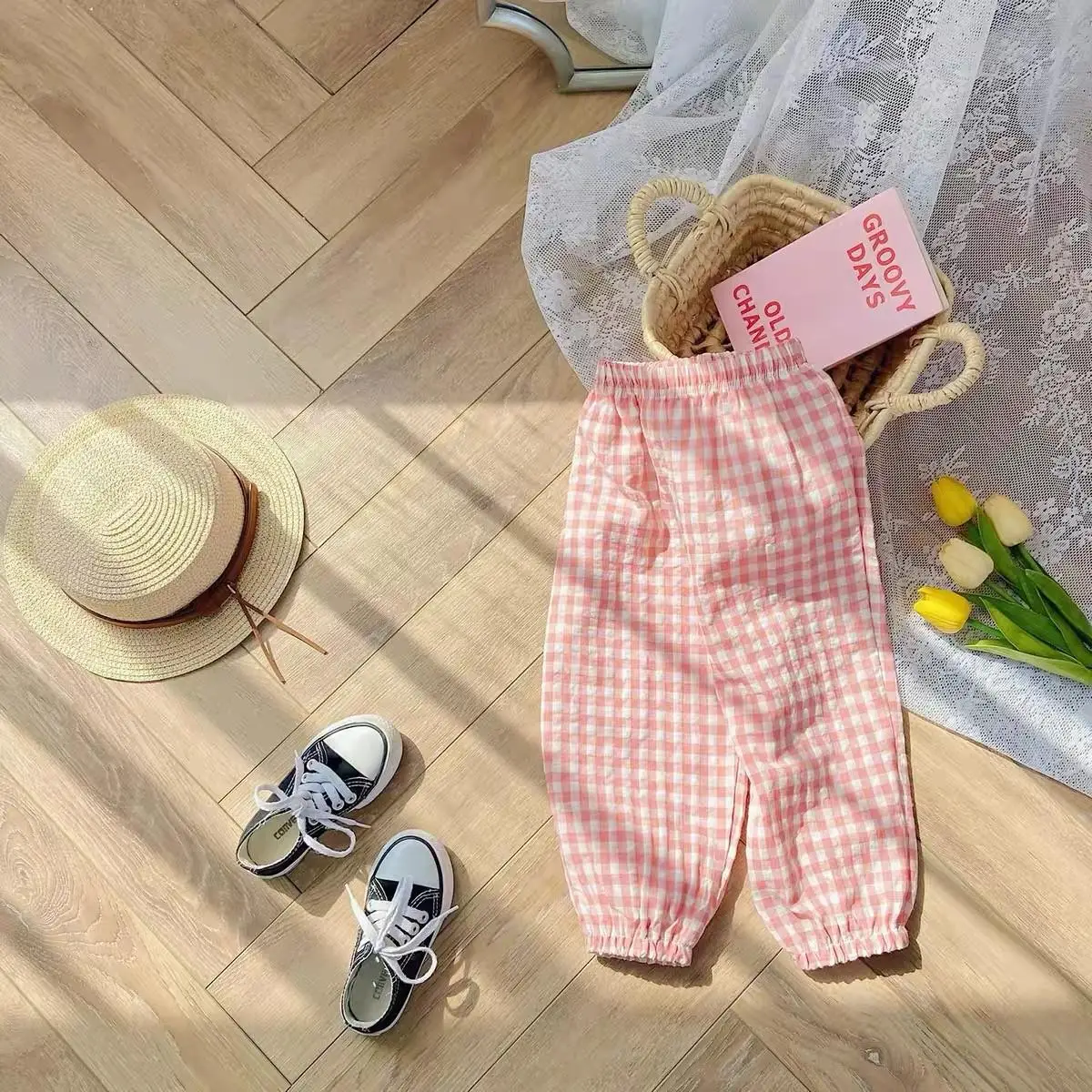 73-120 Cm Geruite Broek Zomer Meisjes Nieuwe Stijl Harlan Broek Kinderen Mode Veelzijdige Broek Dunne Katoenen Muggenbestendige broek