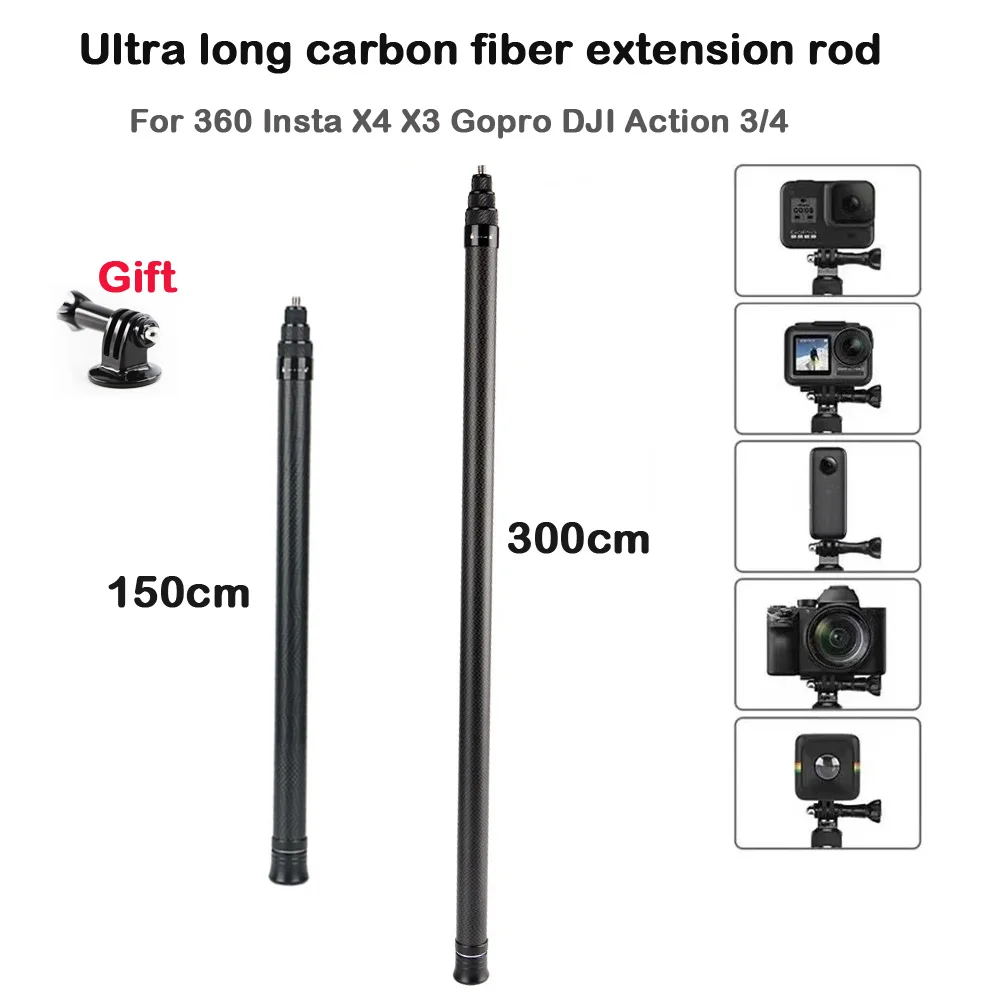 Carbon Fiber Extended Selfie Stick 1.5M/3.0M For Insta 360 X4 3/ONE X2 /ONE RS/GO 2 For GoPro DJI Action 4 3 Insta360 Accessorie