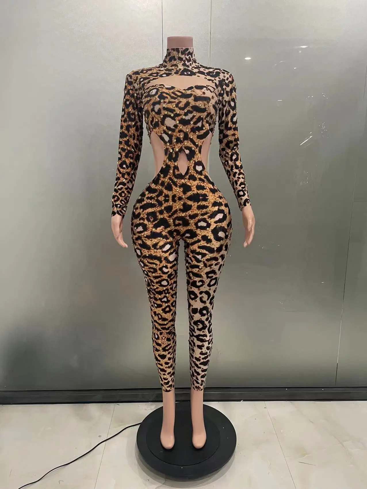 STOCK Sexy Stage Leopard Gold Rhinestones Bodysuit Spandex Hollow Waist Jumpsuit Outfit Birthday Party Dance costume