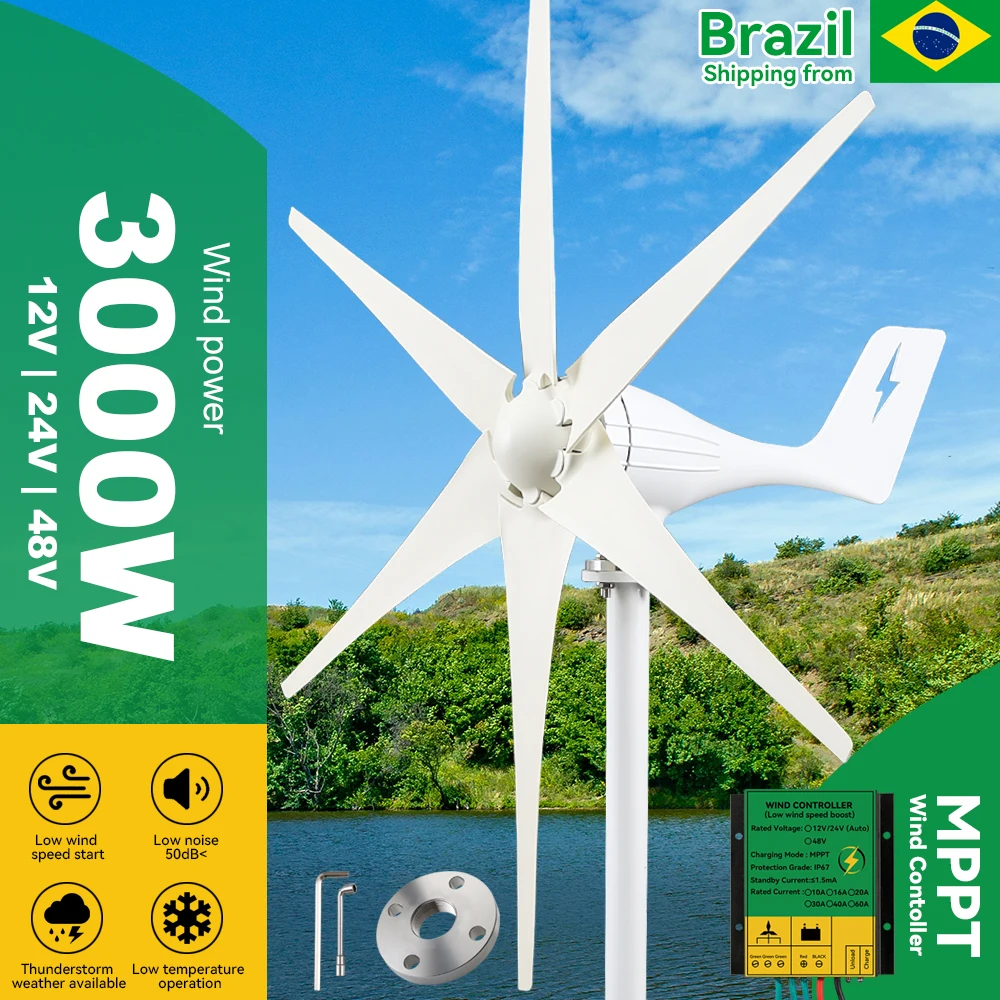 

Brazil Ship Free 3000W Wind Turbine Generator 3kw 3 6 8 Blades 12v 24v 48v With Mppt/Hybrid Charge Controller For Home Use