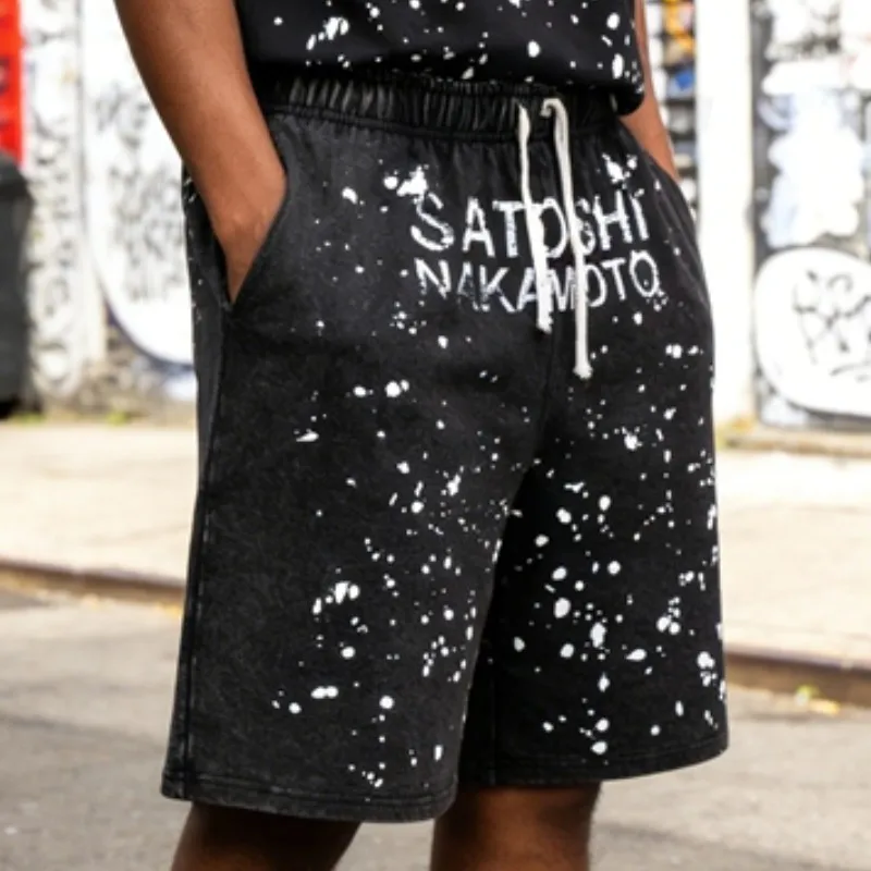 Handmade Ink Splashing Fading Letter Vintage Black SATOSHI Tshirts Hiphop Street Fake Two Piece Long Sleeve Men Women Shorts view 5
